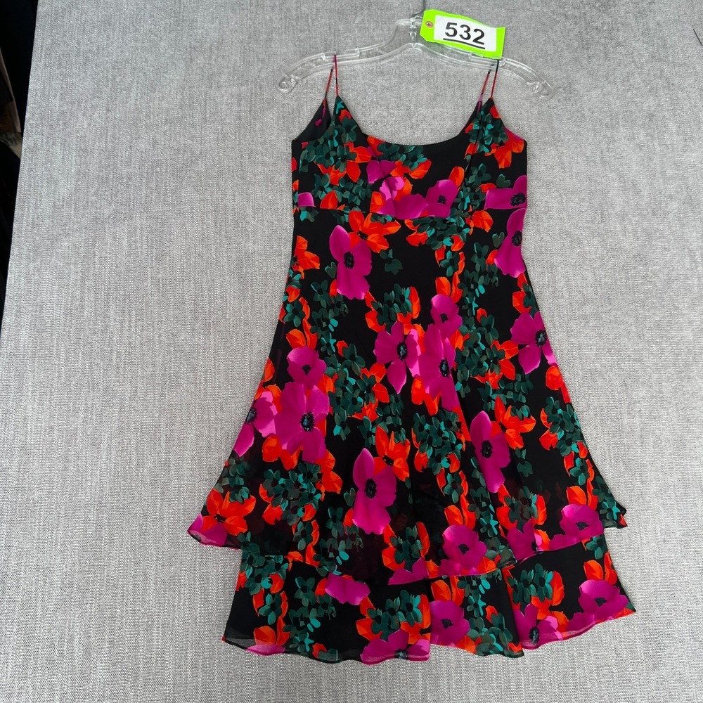 Kay Unger Tiered Ruffle Dress Womens 2 Colorful Floral Silk Evening Wear Party